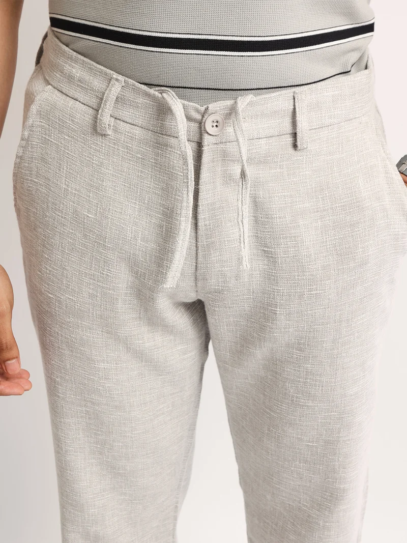 Maniac Maniac Mens Solid Grey Elastic Linen Cotton Blend Trouser